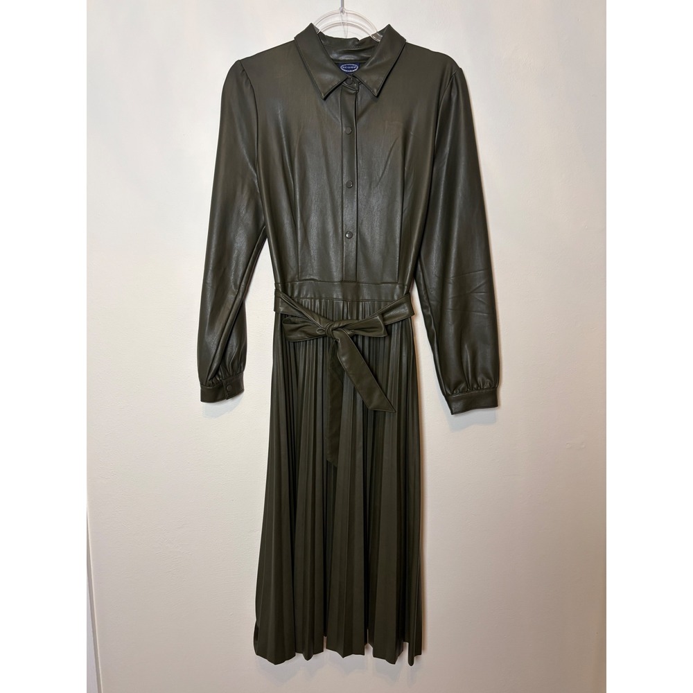 Scoop Faux Leather Pleated Midi Dress Olive Green Belted Womens M 8-10